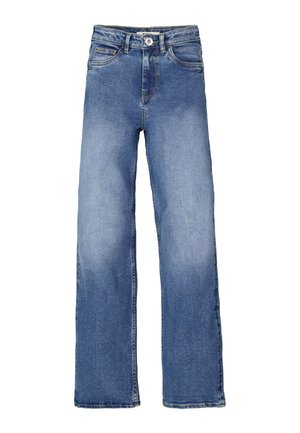 Blue straight-leg denim jeans with front button, zip closure, and five-pocket design. Slight faded wash on thighs and knees.