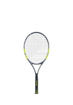 Tennisracket met een zwart en geel frame en witte snaren, ontworpen om tennis te spelen.