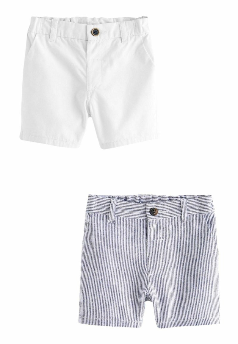 White cotton shorts with front button closure, above. Below, blue and white striped shorts with elastic waistband and button detail.