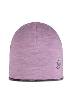 Purple knitted beanie with a smooth texture. Features a black trim and a Buff logo on the side. Simplistic design, suitable for various activities.