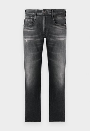Sorte denim jeans med lige ben, der har subtil falming, slidsede detaljer og let slidte områder nær knæet.