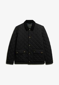 Czarna pikowana kurtka z kołnierzem z korduroyu, złotymi napami i dwoma przednimi kieszeniami. Gładka faktura z diamentowym wzorem na całej powierzchni.