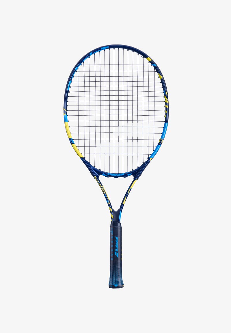 Tennis racket with a blue and yellow frame, open string pattern, and a textured black grip. Lightweight design, suitable for various play styles.