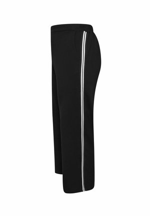 Pantaloni della tuta neri con una vestibilità rilassata, dotati di due strisce bianche lungo il lato e tasche laterali. Tessuto morbido con una texture liscia.