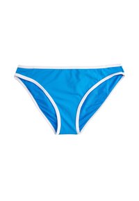 Niebieski dół bikini z białymi elementami wykończenia, wykonany z gładkiego, elastycznego materiału. Charakteryzuje się klasycznym krojem i dopasowaną sylwetką.