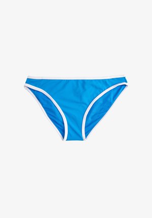 Blå bikini bund med hvid kant, lavet af glat, strækbart stof. Har et klassisk design og en tætsiddende silhuet.