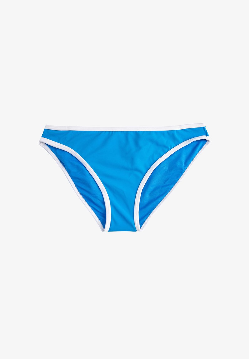 Blauwe bikinibroek met witte bies, gemaakt van een gladde, rekbare stof. Heeft een klassieke stijl en een aansluitende pasvorm.