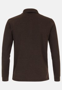 Langärmliges Polohemd aus dunkelbraunem Stoff, ausgestattet mit einem klassischen Kragen, geradem Saum und gerippten Bündchen für Textur und Passform.