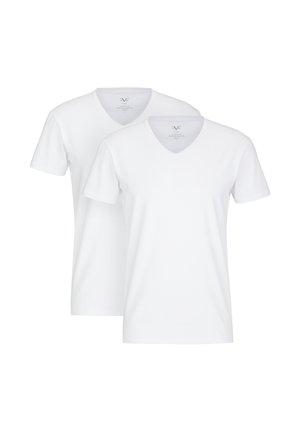 Two plain white short-sleeve V-neck T-shirts displayed overlapping on a white background.