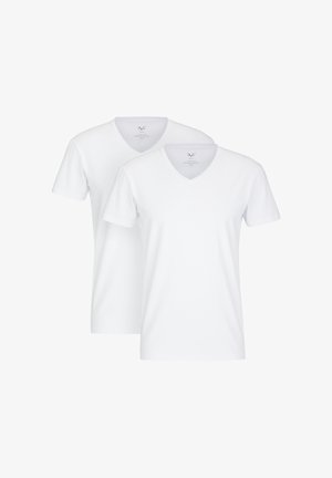 Two plain white short-sleeve V-neck T-shirts displayed overlapping on a white background.