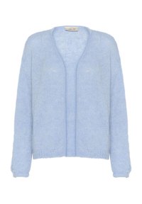 Light blue, knitted cardigan with a relaxed shape, open front, and long sleeves. Soft texture with ribbed accents at cuffs and hem.