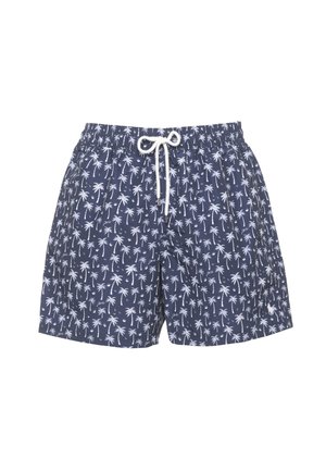 Bañador corto azul marino con estampado blanco de palmeras y cordón blanco en la cintura elástica.