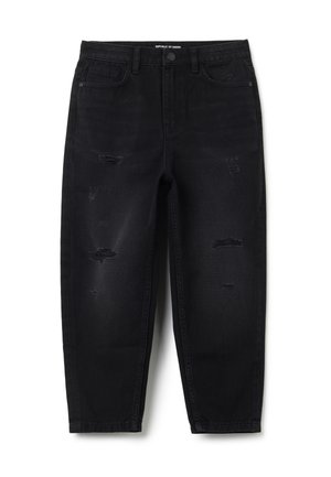 Sorte denimjeans med afslappet pasform og slidte pletter på lår og knæ, med for- og baglommer samt bæltestropper.