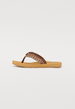 Brown woven strap flip-flop with a flat tan sole. The strap features a crisscross pattern, providing a textured look on a smooth base.