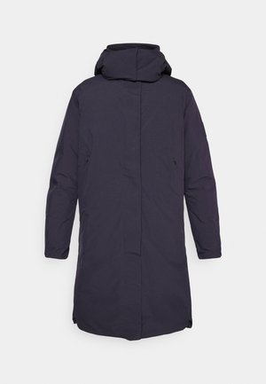 Dunkelblauer Puffercoat mit hohem Kragen, langen Ärmeln und zwei Seitentaschen. Verfügt über ein einfaches Design mit gerader Schnittführung und ohne sichtbare Verschlüsse.