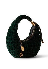 Dark green woven velvet hobo bag with gold zipper and hardware, black leather straps, and gold buckle detail on a white background.