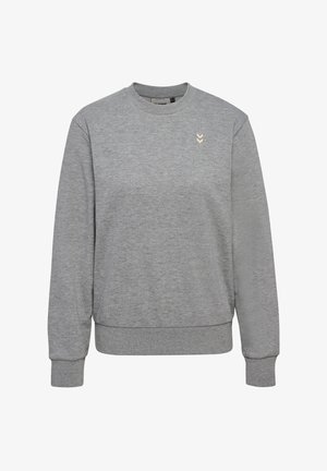 Grå sweatshirt med rund hals, ribbede manchetter og kant. Har et lille, cremefarvet logo på brystet. Blød tekstur og afslappet design.