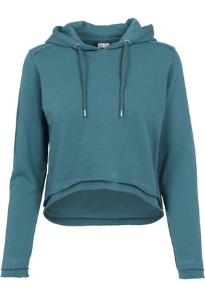 Turkusowa krótka bluza z kapturem, długimi rękawami i sznurkami, z lekko zaokrąglonym dołem i miękką fakturą materiału.