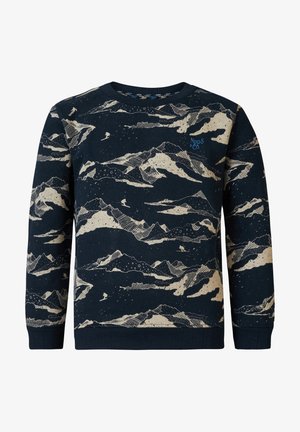 Sweat-shirt bleu marine avec motifs de montagnes blanches et skieur ainsi qu'un petit logo "NppS & Co." sur le haut de la poitrine.