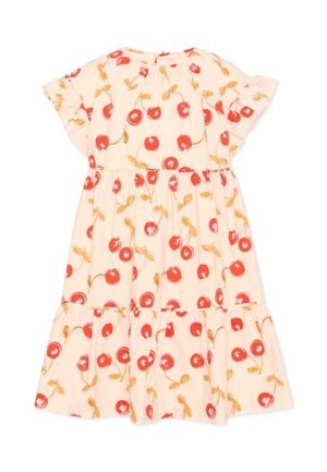 Vestito per bambini color crema con motivo di ciliegie rosse e foglie beige, maniche corte a sbuffo e gonna a balze.