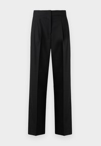 Pantalon noir en tissu tissé, avec une coupe sur mesure, des plis, une jambe droite et un devant plat. Texture durable et lisse.