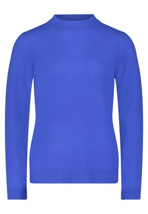 Maglione blu a maglia con scollatura rotonda, maniche lunghe e bordi a coste sui polsini e sull'orlo. Texture liscia, silhouette aderente e colore uniforme.