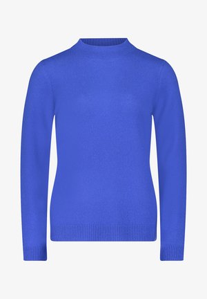 Pull en tricot bleu avec un col rond, des manches longues et un côtes aux poignets et à l'ourlet. Texture lisse, silhouette ajustée et couleur unie.