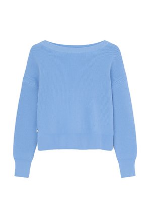 Maglione azzurro chiaro a coste con collo ampio, maniche larghe e orlo corto. Dettaglio notevole include un piccolo accento vicino al fondo.