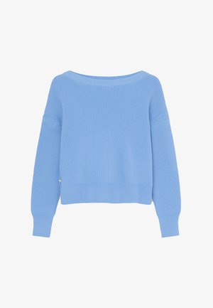 Maglione azzurro chiaro a coste con collo ampio, maniche larghe e orlo corto. Dettaglio notevole include un piccolo accento vicino al fondo.