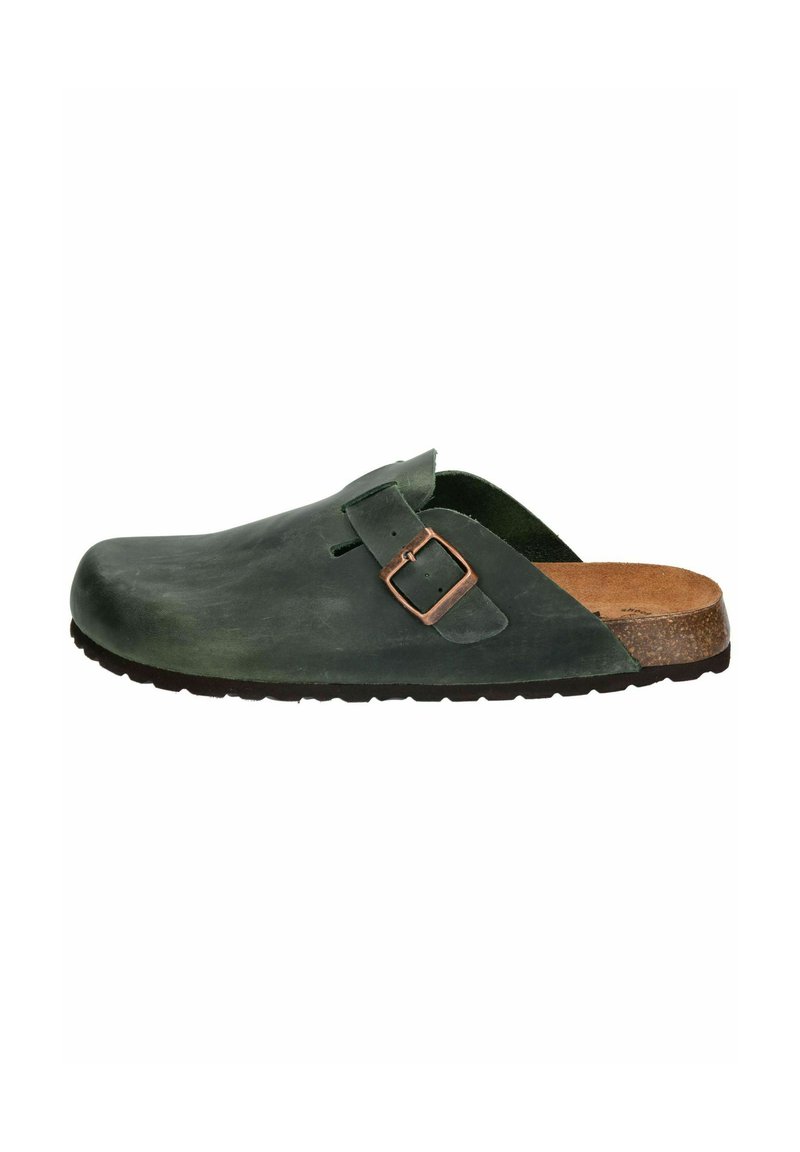 Dark green leather clog with a textured finish, featuring an adjustable metal buckle and a cork footbed. Designed with an open back and a sturdy sole.