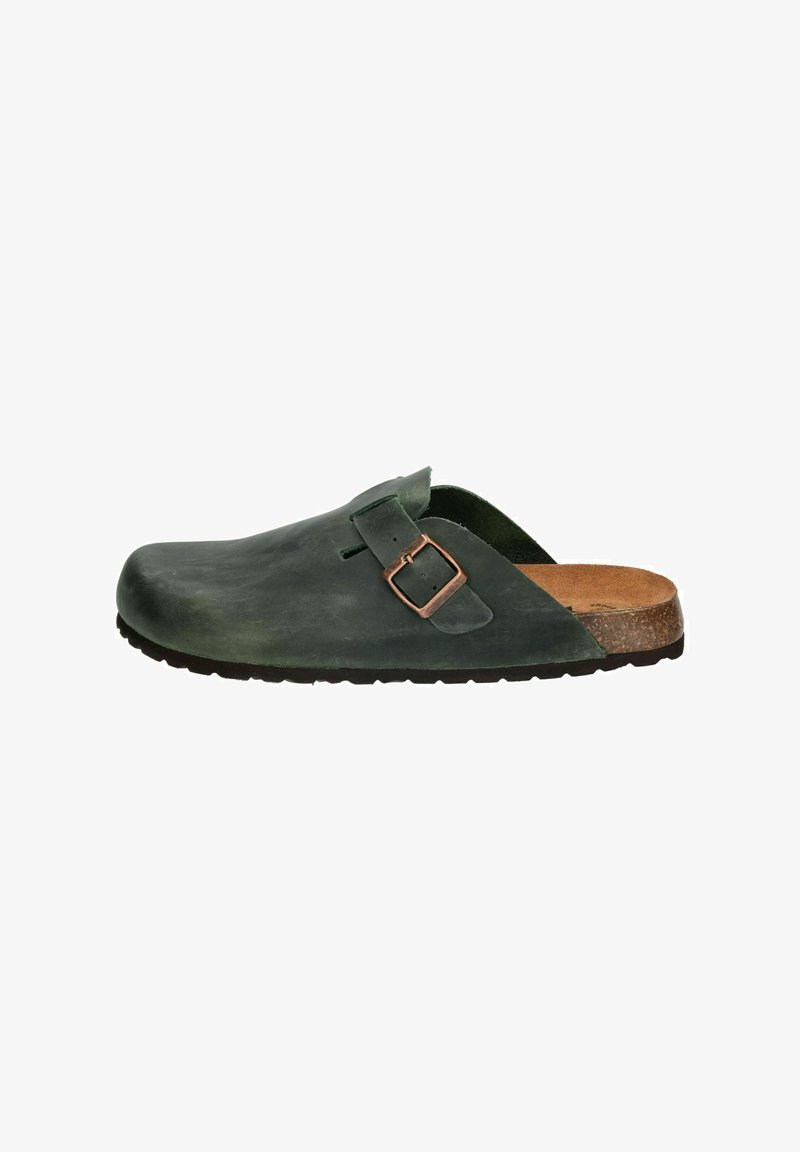 Dark green leather clog with a textured finish, featuring an adjustable metal buckle and a cork footbed. Designed with an open back and a sturdy sole.