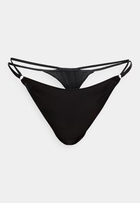 Μαύρο κάτω μέρος μπικίνι με λεία υφή. Διαθέτει λεπτούς διπλούς ιμάντες και μινιμαλιστικό σχέδιο. Υποδεικνύει τυπικό τρίγωνο σχήμα.