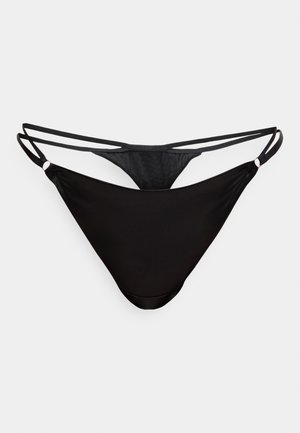 Culotte de bikini noire avec une texture lisse. Dotée de fines doubles bretelles et d'un design minimaliste. Représente une forme triangulaire standard.