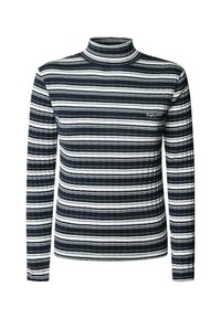 Långärmad polotröja i ribbat material, med marinblå och vita horisontella ränder. Logotypen visas p å vänster bröstområde.