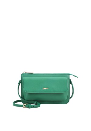 Sac bandoulière en cuir vert avec poche à rabat avant, logo doré, fermeture éclair et sangle ajustable avec boucle.
