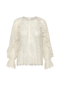 Blouse en dentelle crème avec manches longues bouffantes, détails volantés le long des épaules et des poignets, ourlet festonné, fermeture par boutons au dos.