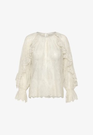 Blusa in pizzo crema con maniche lunghe a sbuffo, dettagli arricciati su spalle e polsini, orlo smerlato e chiusura posteriore con bottoni.