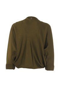 Top verde oliva, a maniche lunghe, con vestibilità rilassata, colletto a girocollo e polsini arrotolati; in morbido misto cotone, design senza cuciture e senza dettagli marcati.