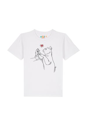 Weißes T-Shirt mit einer minimalistischen schwarzen Linienzeichnung einer Katze und einer Hand, über denen ein rotes Herz schwebt. Sanfte Textur, normale Passform.