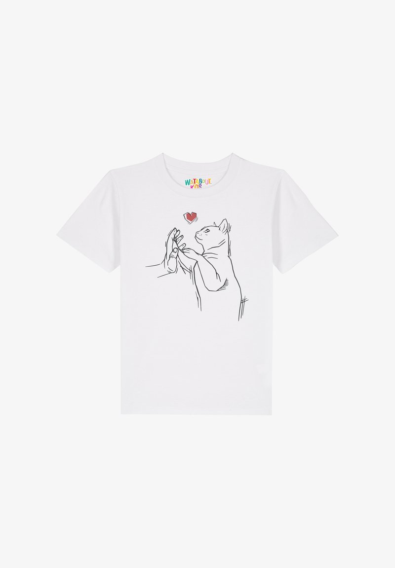 Weißes T-Shirt mit einer minimalistischen schwarzen Linienzeichnung einer Katze und einer Hand, über denen ein rotes Herz schwebt. Sanfte Textur, normale Passform.