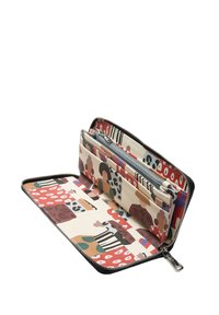 Kolorowy portfel z wzorem, z wieloma przegródkami na karty i zamykaną na zamek kieszonką na monety, całkowicie otwarty, aby pokazać wnętrze i układ.