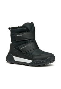 Bota de invierno negra con dos correas de Velcro etiquetadas como Geox y Amphibiox, suela texturizada y forro de forro polar visible en la parte superior.