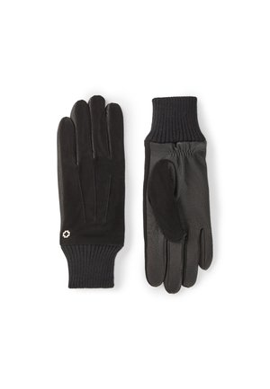 Paar schwarze Lederhandschuhe mit Strickbündchen, Vorder- und Rückseite vor weißem Hintergrund.