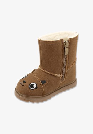 Brązowe botki za kostkę z faux skóry z miękkim wnętrzem, zamkiem błyskawicznym, haftowanym wzorem zwierzęcej twarzy oraz gumową podeszwą zapewniającą przyczepność.