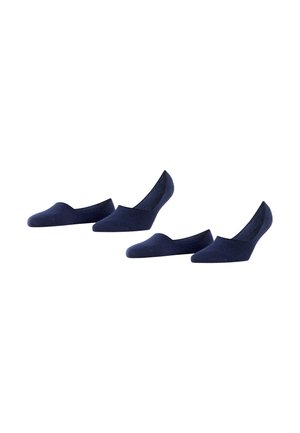 Two pairs of dark blue low-cut, no-show socks displayed against white background.
