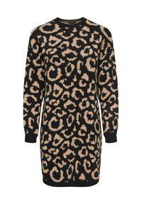 Robe en tricot au motif léopard noir et beige, avec un col rond et des manches longues, fabriquée dans un tissu doux et texturé.