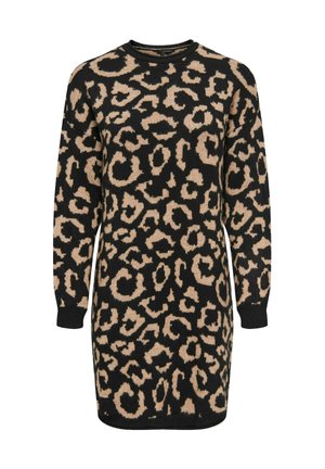 Robe en tricot au motif léopard noir et beige, avec un col rond et des manches longues, fabriquée dans un tissu doux et texturé.
