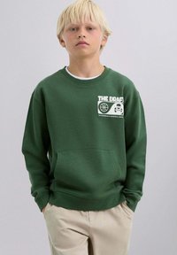Sudadera verde con bolsillo tipo canguro, puños acanalados y un estampado gráfico en el lado izquierdo del pecho. Hecha de un material suave de algodón.