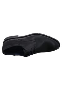 Schwarzer Lederschuh mit glatter Textur, runder Spitze und Schnürdesign. Verfügt über eine minimalistische Sohle mit dezentem Profil.