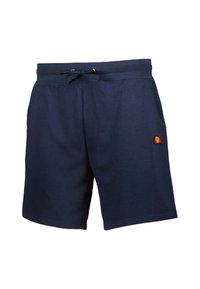 Pantaloni corti in cotone blu navy con vita elastica, cordoncino regolabile e tasche laterali. Presenta un piccolo logo arancione e giallo.